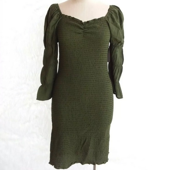 ROMANTIC SMOCKED GREEN DRESS SIZE L - Picture 2 of 12